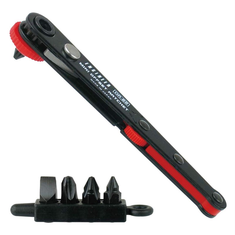 ENGINEER DR-55 Super low-profile right angled ratchet screwdriver (only 22mm height) +/- bit assortment, fits into restricted and confined areas. Made in Japan - Image 1
